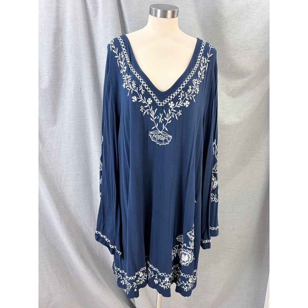Caite Navy Blue Embroidered Floral V-Neck Bell Sleeve Tunic Dress 3X Boho